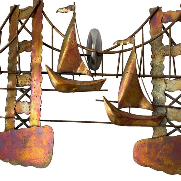 Vintage Mid Century Copper Metal Brutalist Style Wall Hanging Sailboats Bridge - Picture 2 of 16